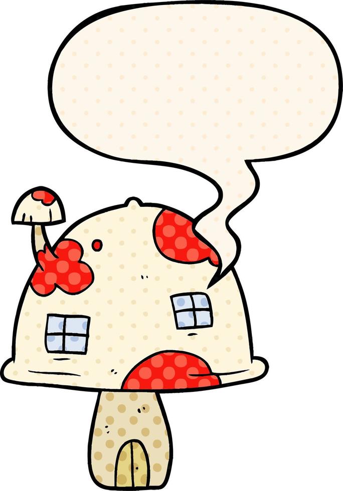 cartoon fairy paddestoel huis en tekstballon in stripboekstijl vector
