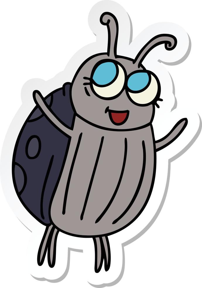 sticker van een eigenzinnige, met de hand getekende cartoon happy bug vector