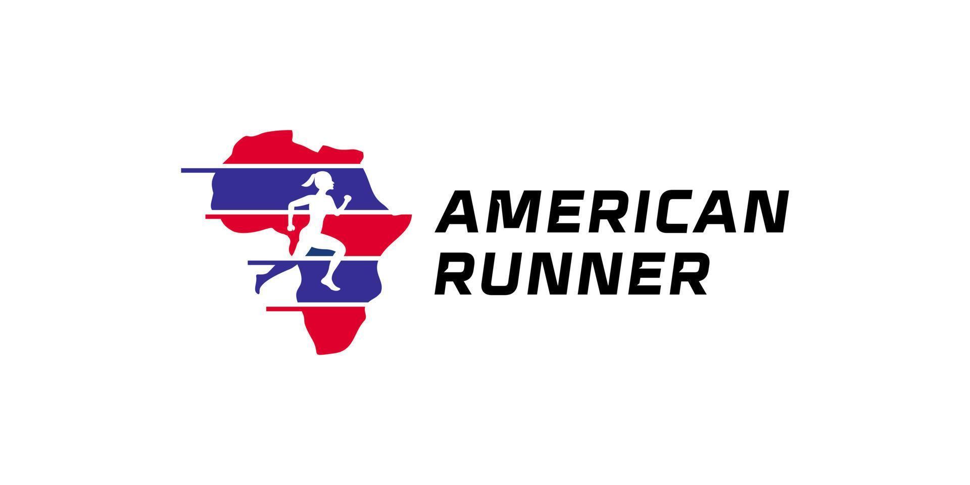 atletiek hardlopen, marathon en racebaanlogo voor Amerika met Amerikaanse vlagkleuren vector