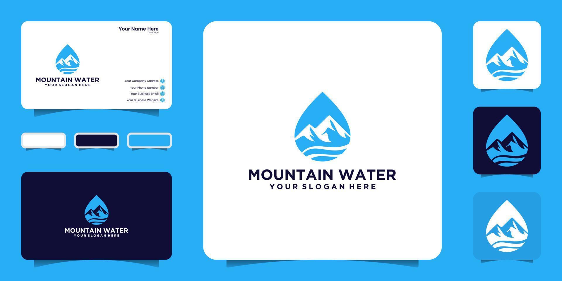 waterdruppel logo-ontwerpinspiratie, zeegolven en natuurlijke bergen met visitekaartjes en pictogramsymbolen vector