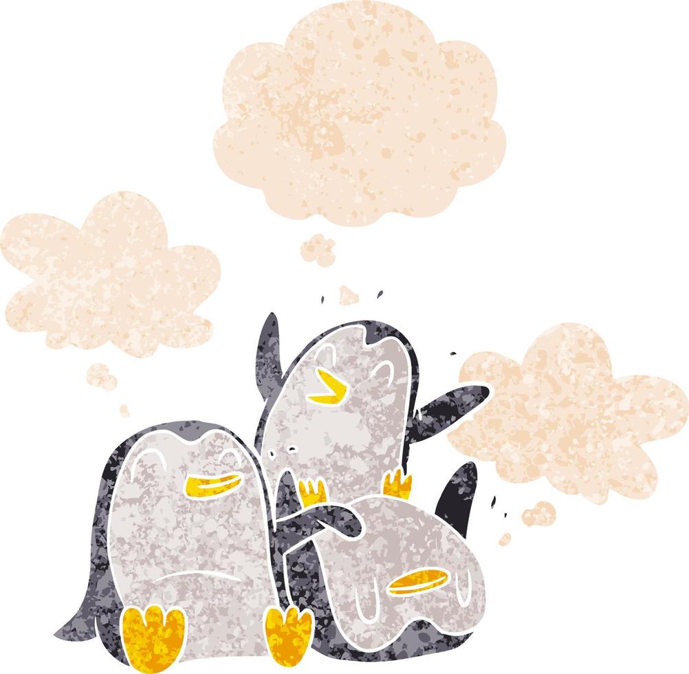 cartoon pinguïns en gedachte bel in retro getextureerde stijl vector