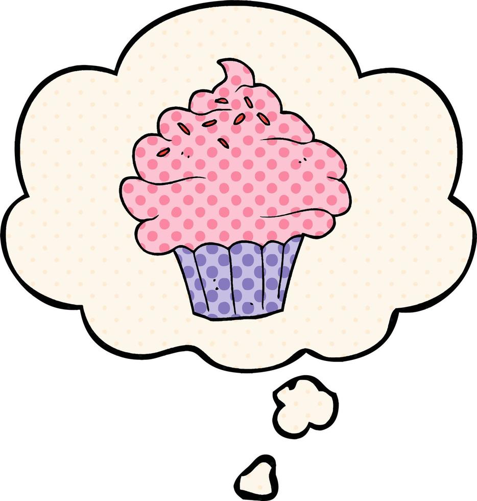 cartoon cupcake en gedachte bel in stripboekstijl vector