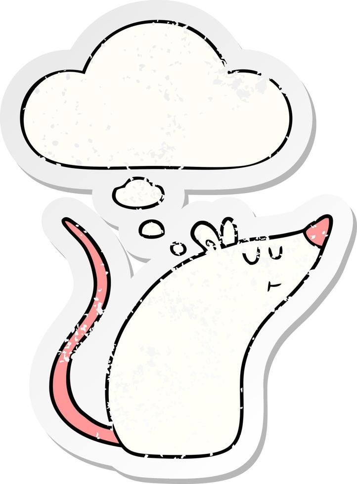 cartoon witte muis en gedachte bel als een versleten versleten sticker vector