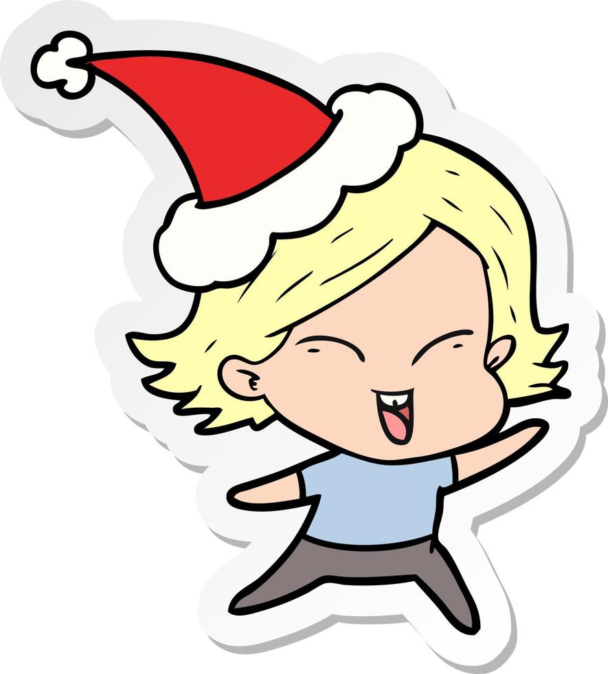 vrolijke sticker cartoon van een meisje met een kerstmuts vector