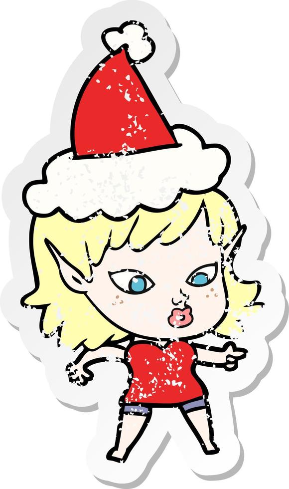 mooie verontruste sticker cartoon van een elfenmeisje met een kerstmuts vector