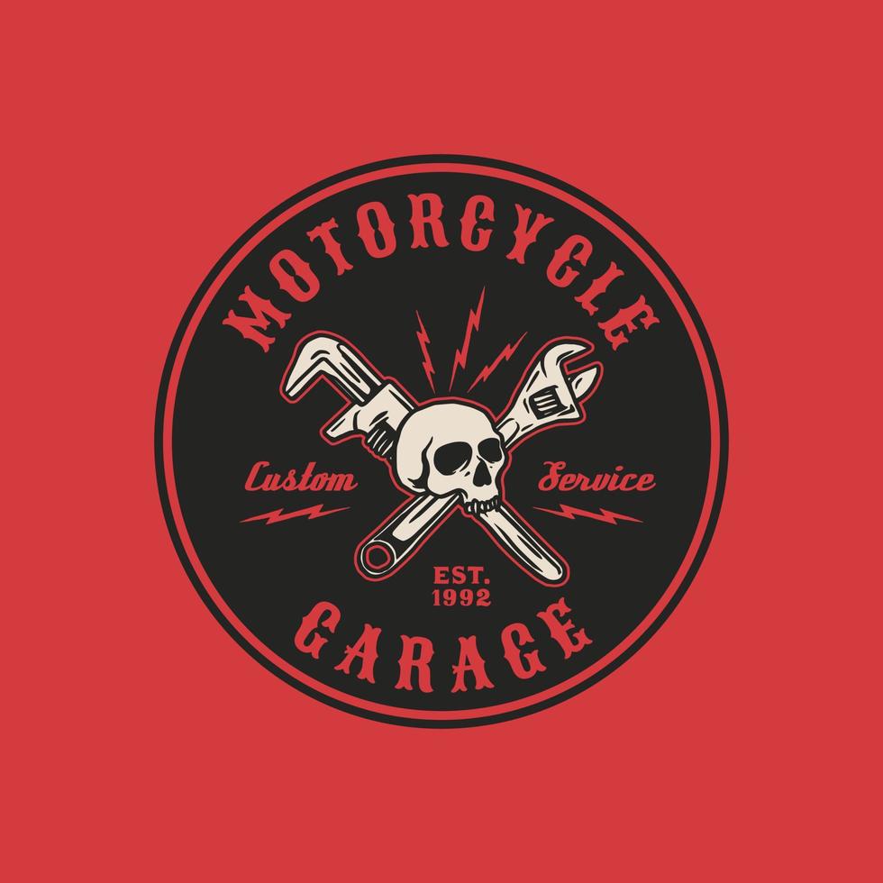 handgetekende vintage stijl van motorfiets en garage logo badge vector