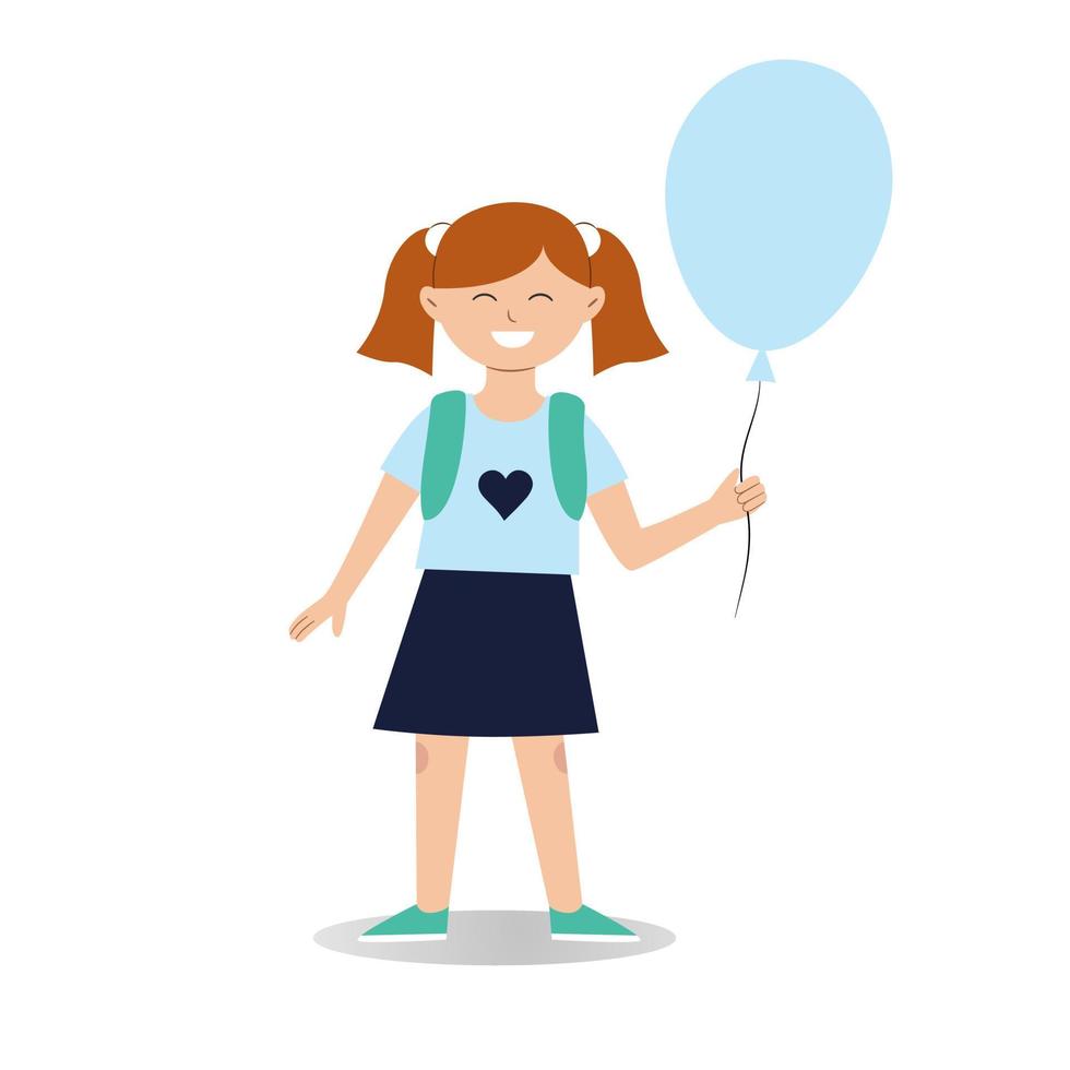 een klein vrolijk meisje met een rugzak en een ballon in een schooluniform. vectorkarakter in een vlakke handgetekende stijl geïsoleerd op een witte achtergrond vector