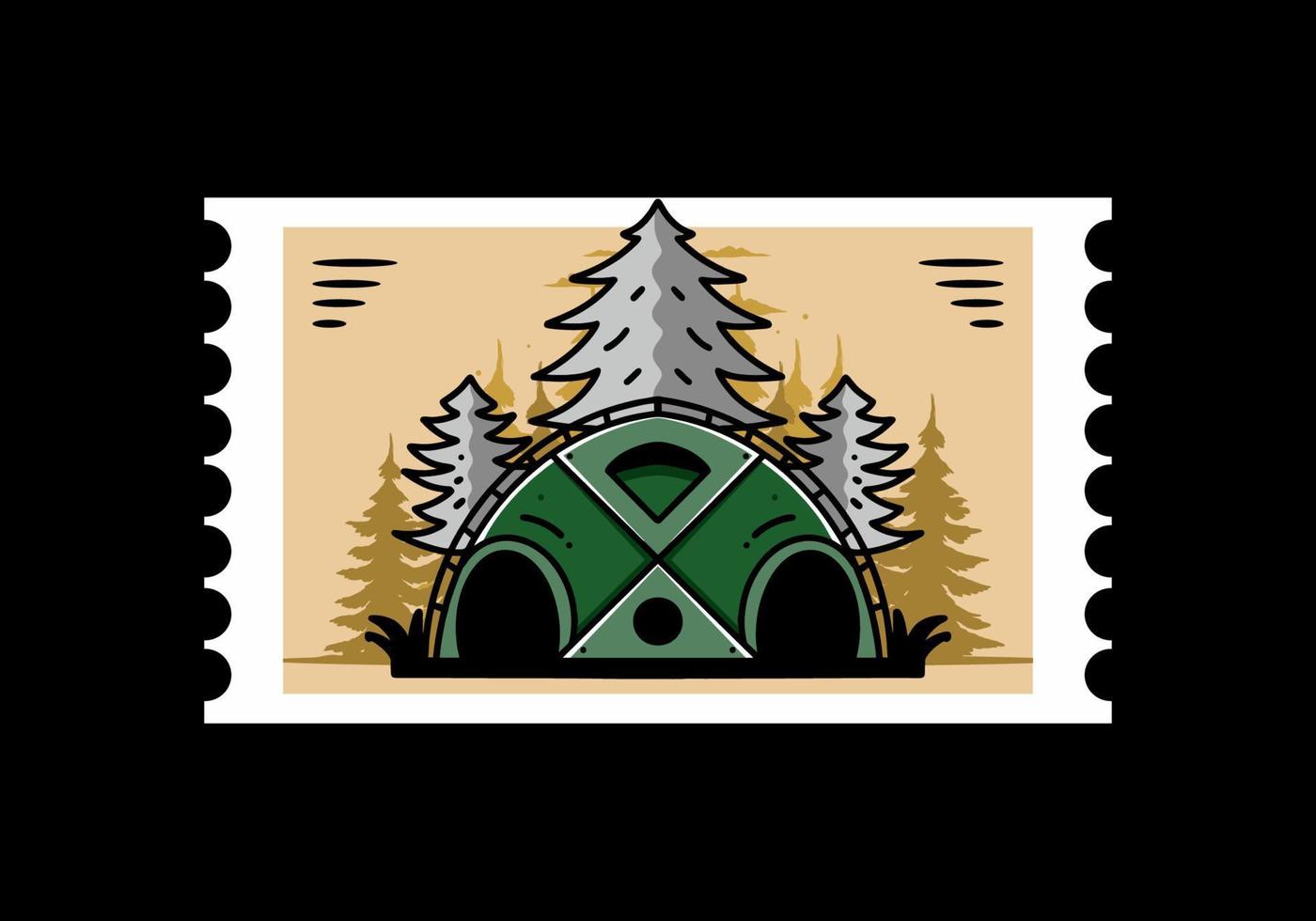 grote familietent en pijnbomen illustratie badge ontwerp vector