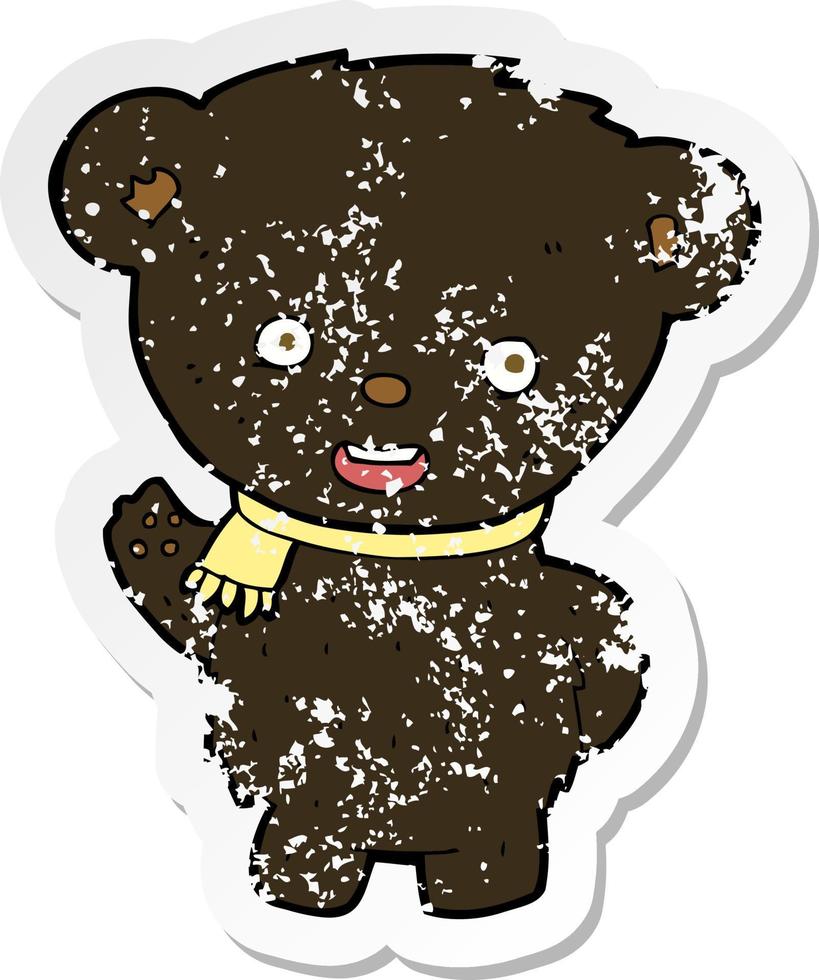 retro noodlijdende sticker van een cartoon zwarte beer die zwaait vector