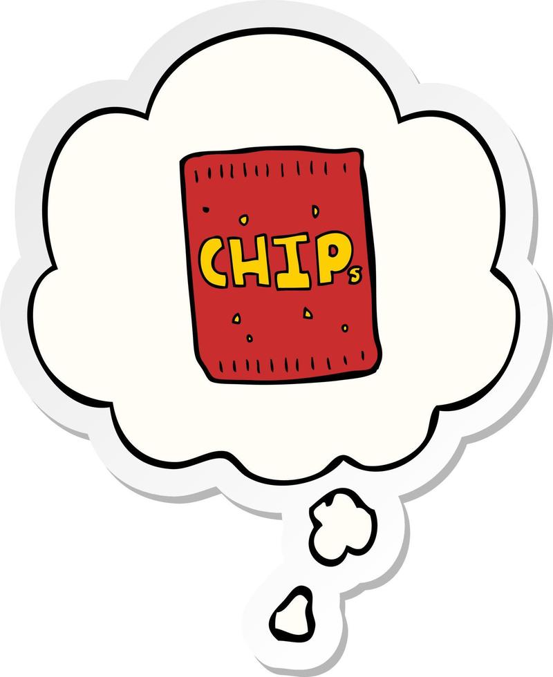 cartoon pakje chips en gedachte bel als een gedrukte sticker vector