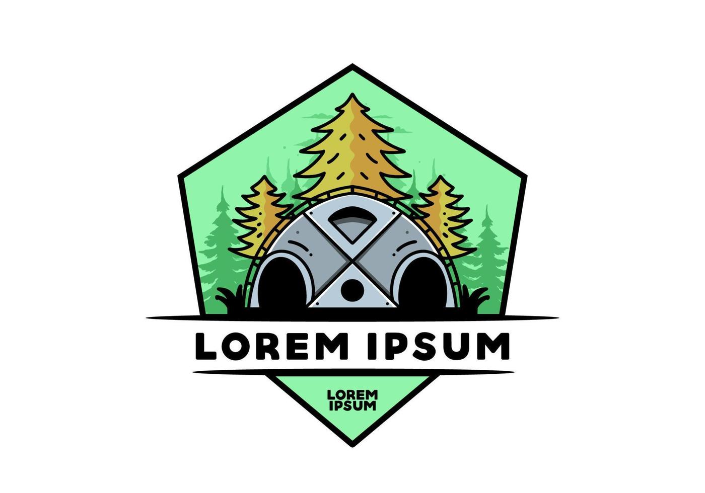 grote familietent en pijnbomen illustratie badge ontwerp vector