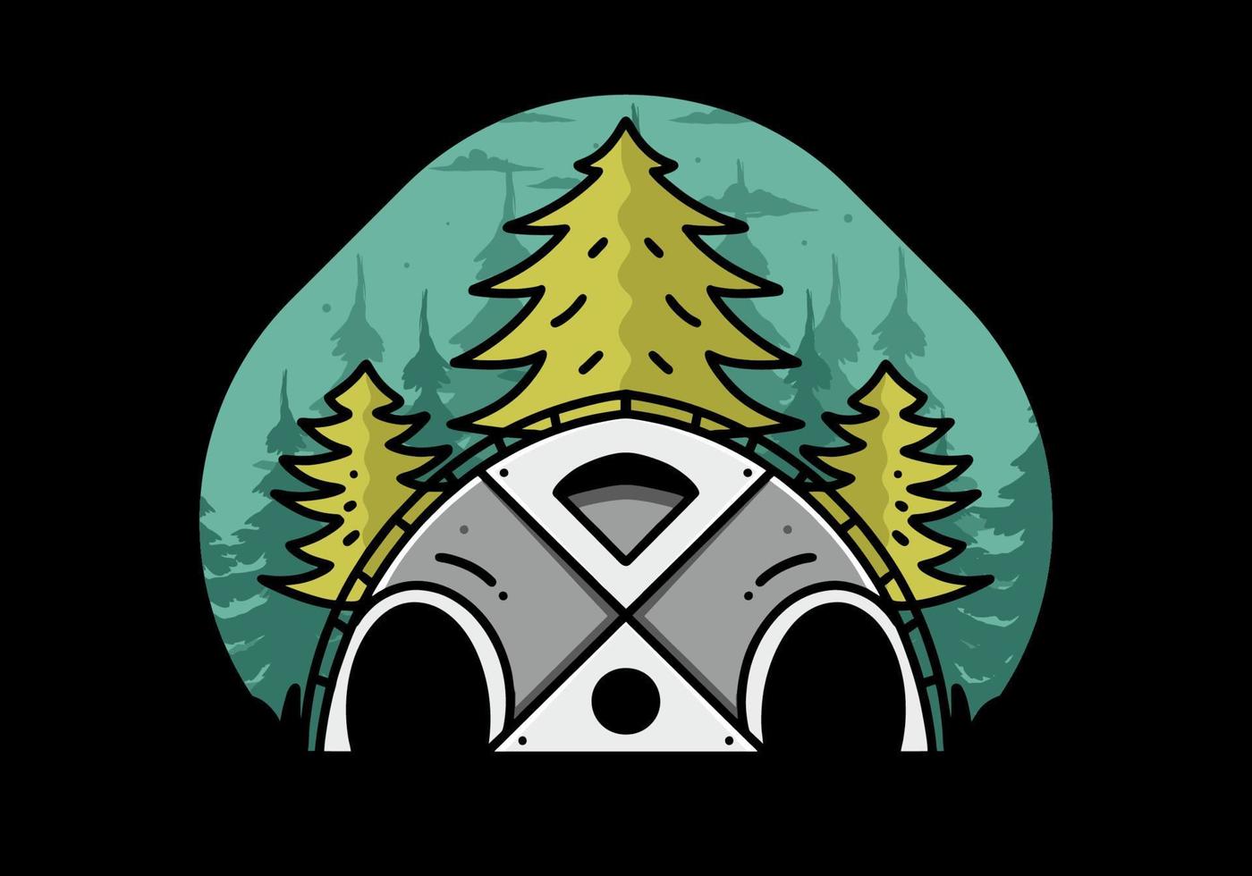 grote familietent en pijnbomen illustratie badge ontwerp vector