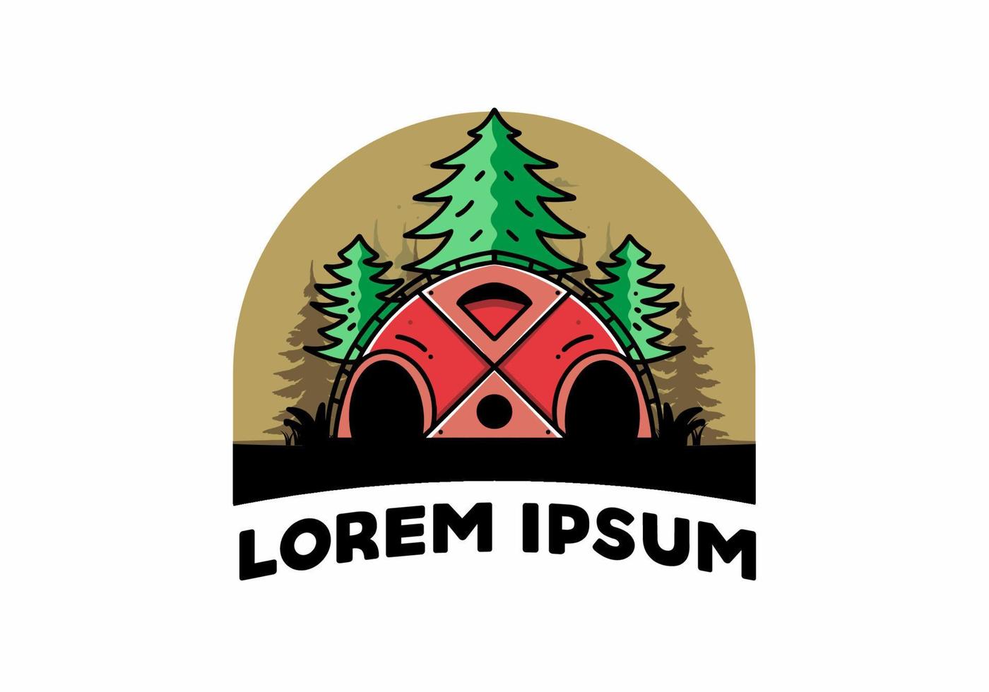 grote familietent en pijnbomen illustratie badge ontwerp vector