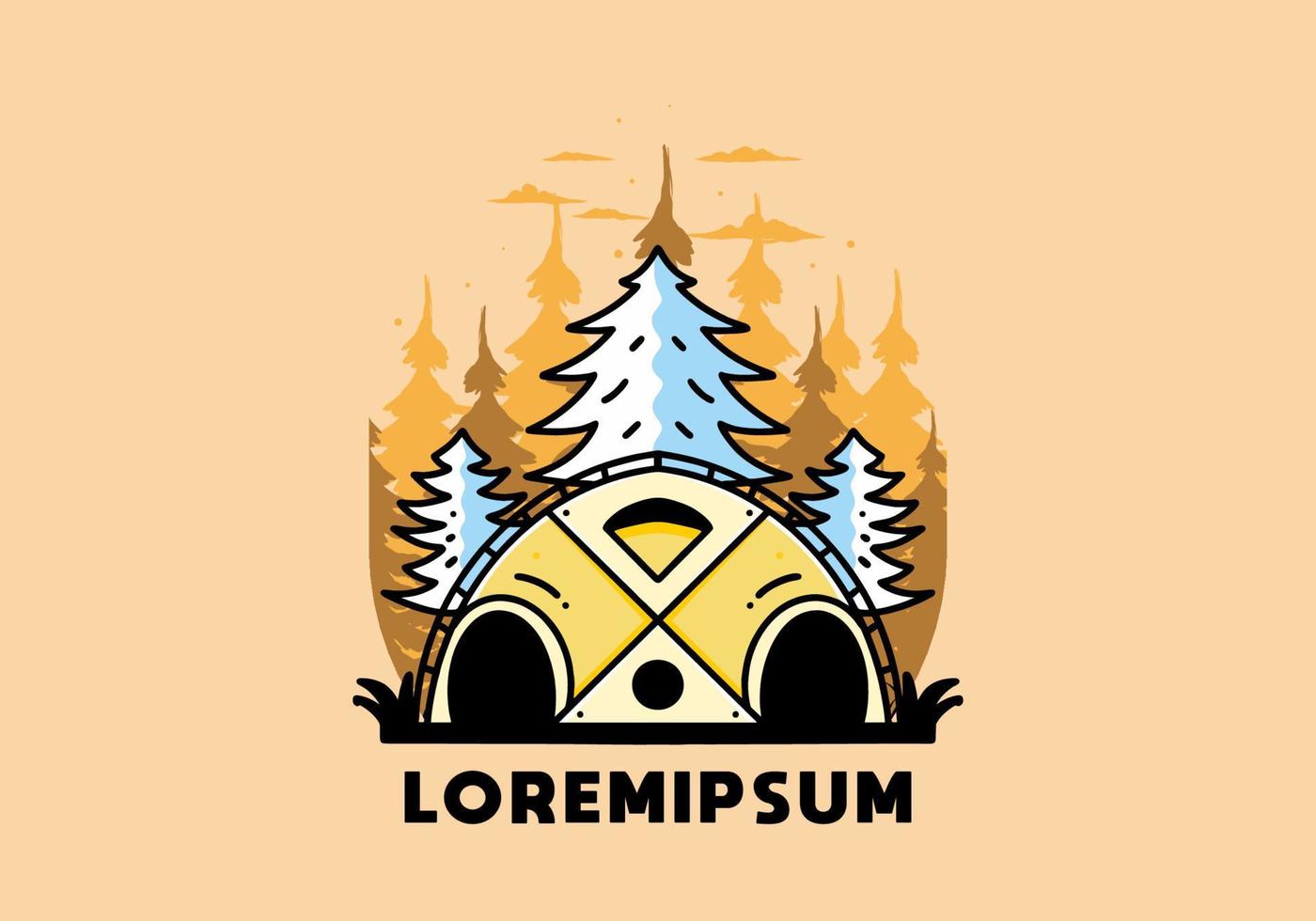 grote familietent en pijnbomen illustratie badge ontwerp vector