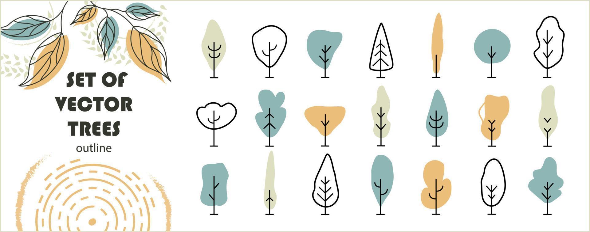eenvoudige frontale bomen. entourage ontwerp. verschillende bomen, struiken en struiken. vector