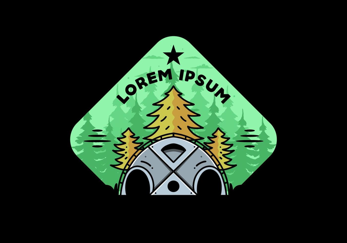 grote familietent en pijnbomen illustratie badge ontwerp vector