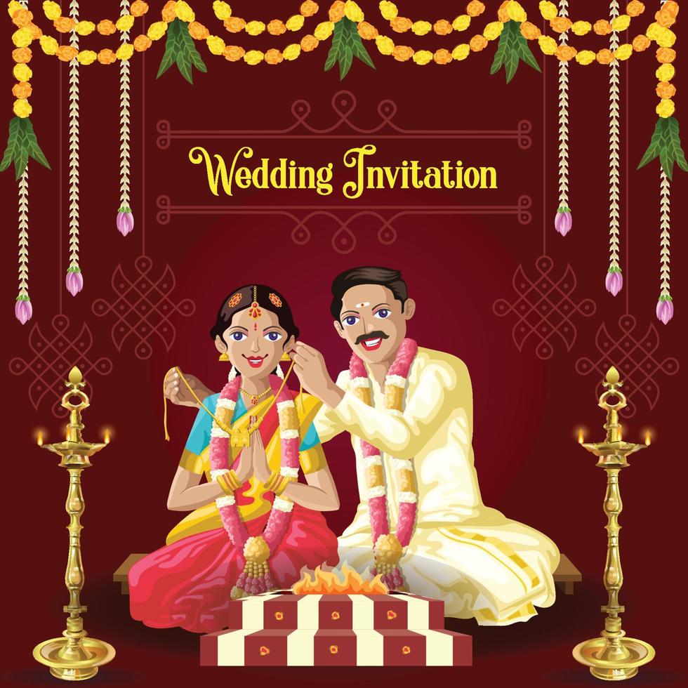 Indiase tamil huwelijksuitnodiging bruid en bruidegom in traditioneel bindknoop huwelijksritueel vector
