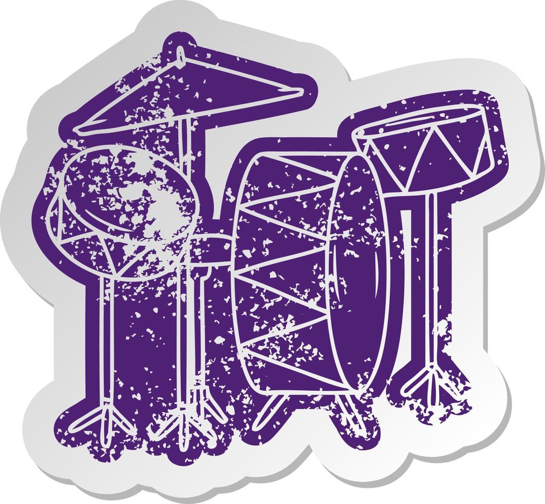 verontruste oude sticker van een drumstel vector