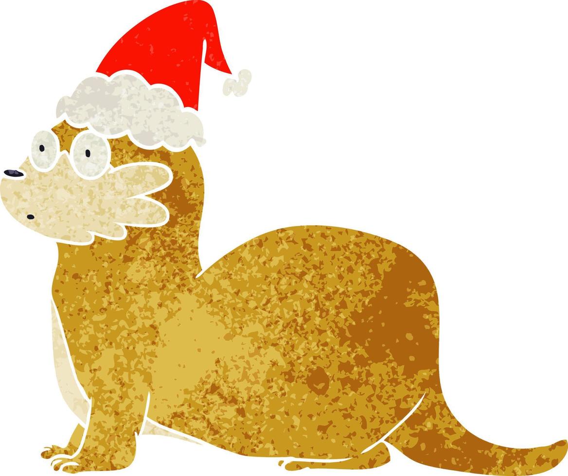 retro cartoon van een otter met een kerstmuts vector