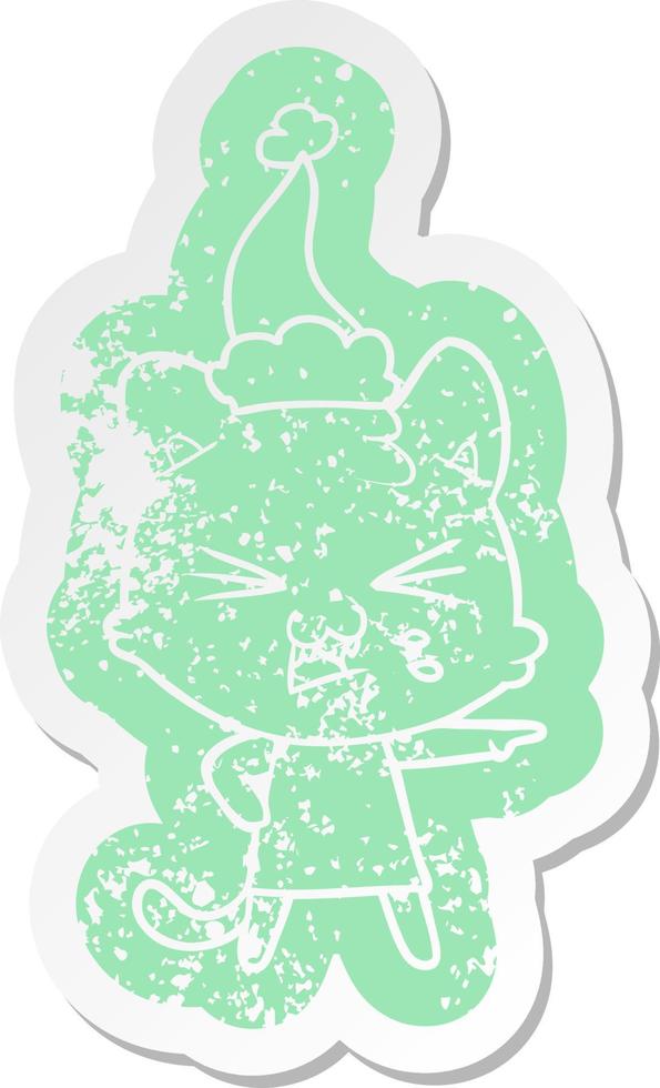 cartoon verontruste sticker van een sissende kat met een kerstmuts vector