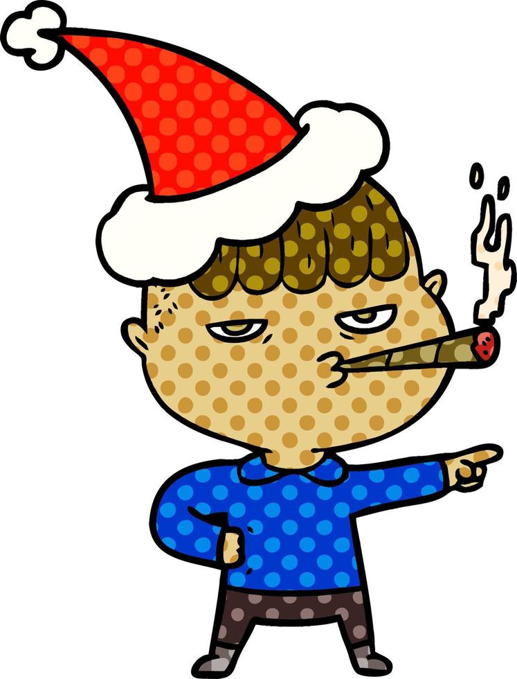 stripboekstijlillustratie van een rokende man met een kerstmuts vector