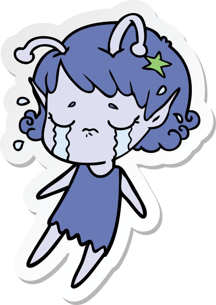 sticker van een cartoon huilend buitenaards meisje vector