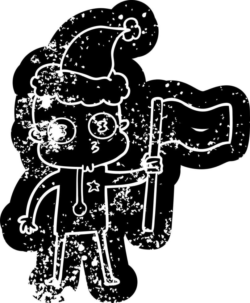 cartoon noodlijdende icoon van een rare kale ruimtevaarder met vlag met kerstmuts vector