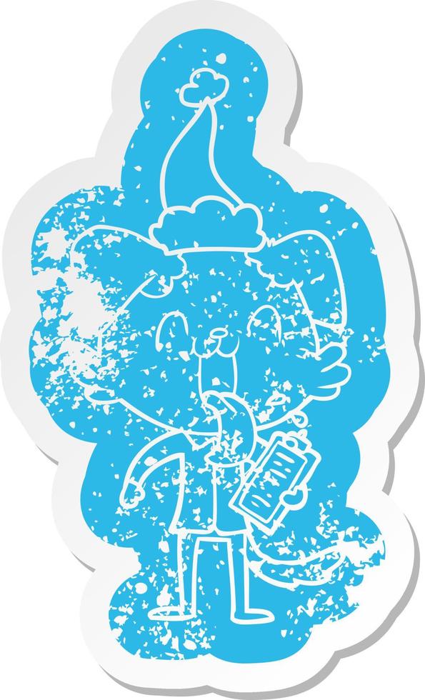 cartoon verontruste sticker van een hijgende hond met klembord met een kerstmuts vector