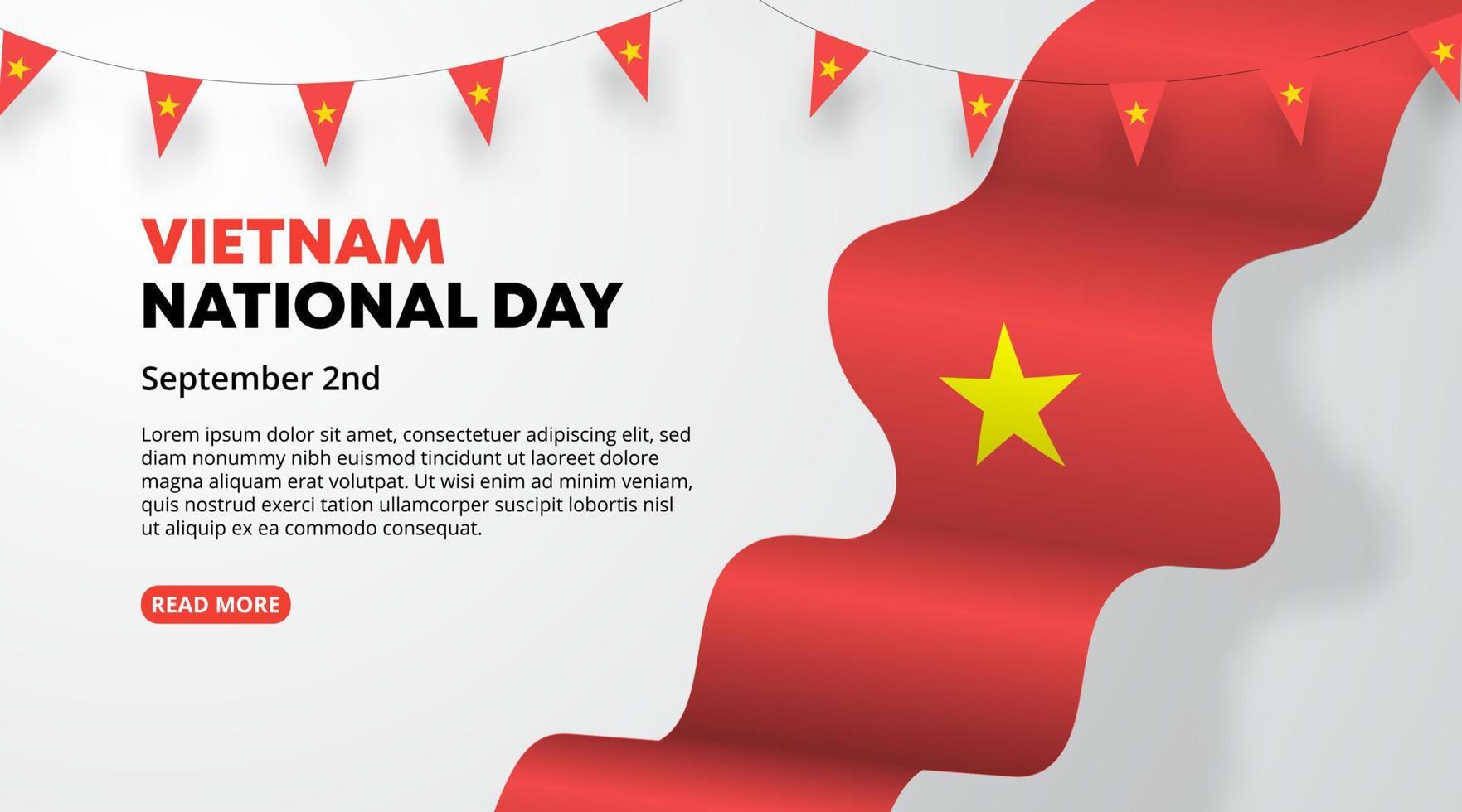 vietnam nationale feestdag achtergrond met een wapperende vlag en vlagdecoratie vector