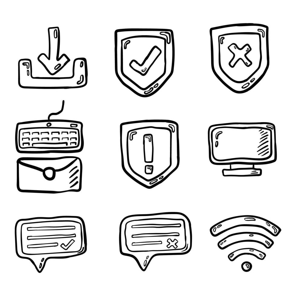 internet en interface computer technologie symbool vector illustratie pictogrammenset ontwerpsjabloon met doodle hand getrokken stijl