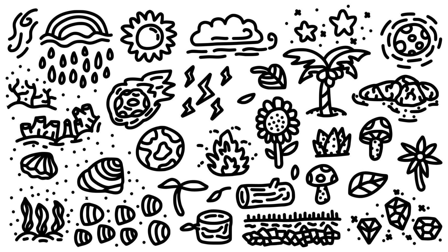 aarde en natuur icon set hand getrokken doodle schets vector sjabloon illustratie collectie voor onderwijs en kleurboek