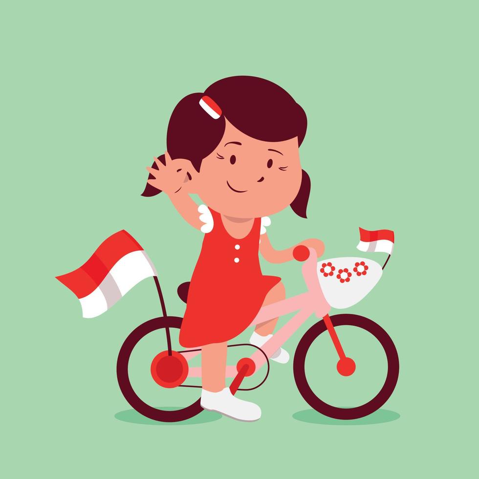 een schattig meisje dat meedoet aan een fietsversieringswedstrijd op de onafhankelijkheidsdag van Indonesië vector