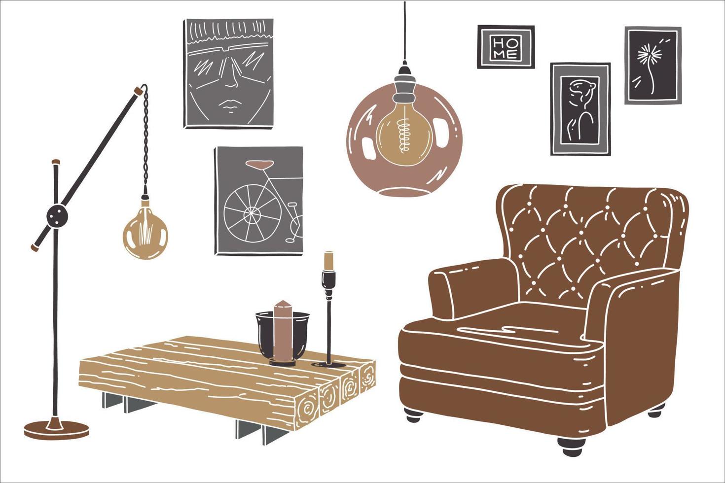 vlakke woonkamer. hand tekenen vector. interieur met bruine fauteuil, tafel, lamp, frame aan de muur. vector