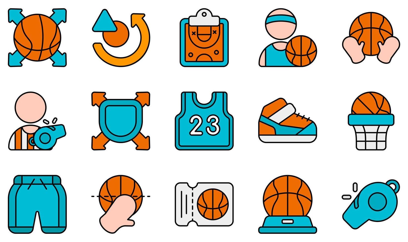 set van vector iconen met betrekking tot basketbal. bevat iconen als pass, plan, speler, rebound, scheidsrechter, shirt en meer.