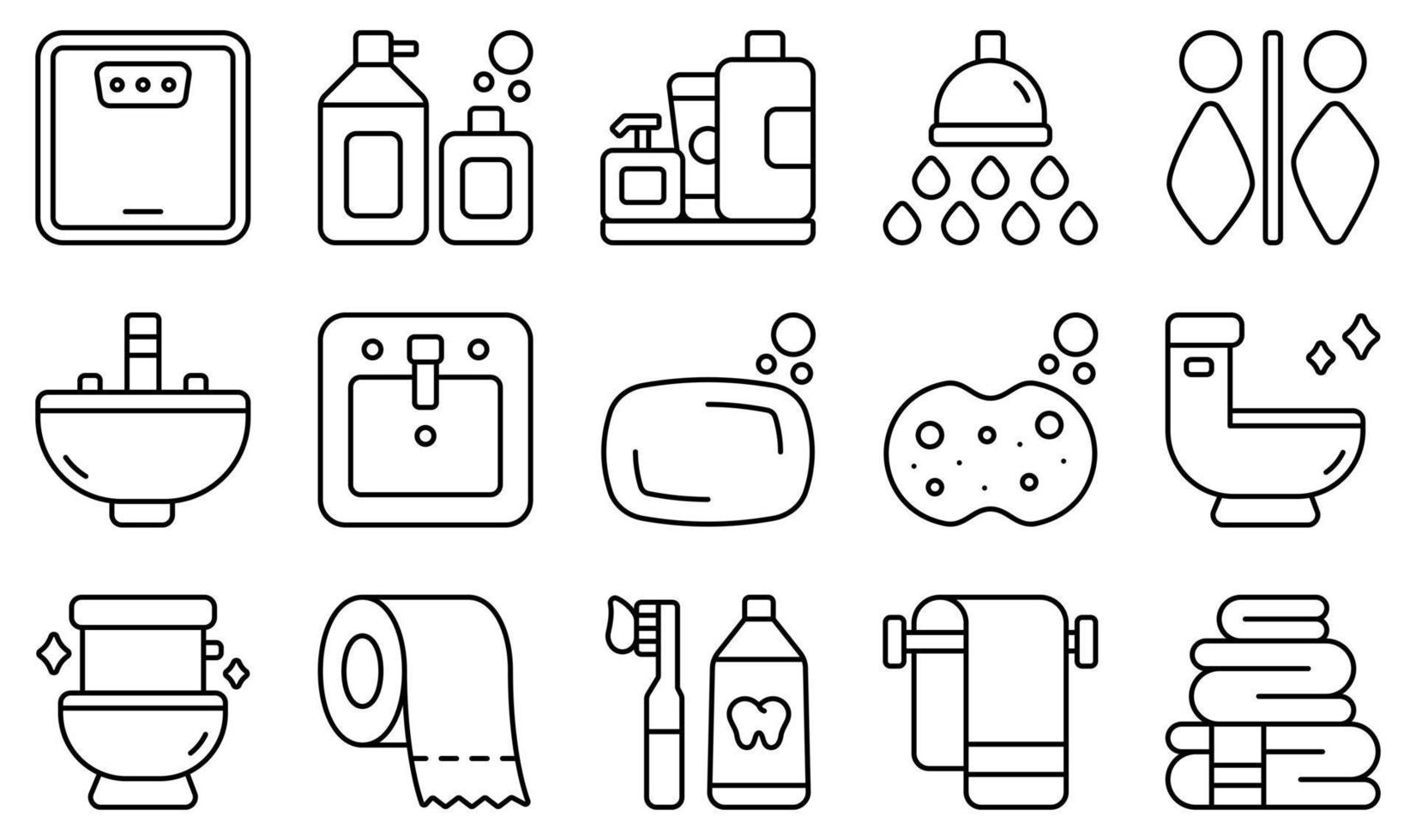 set van vector iconen met betrekking tot badkamer. bevat pictogrammen zoals schaal, shampoo, douche, wastafel, zeep, toilet en meer.