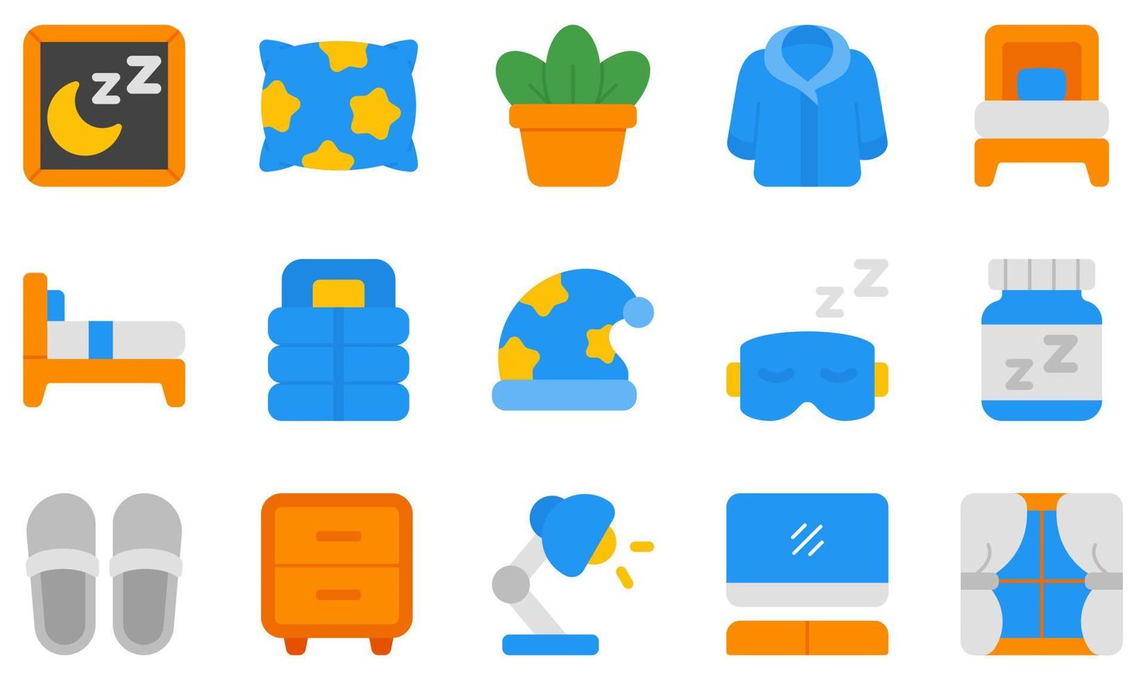 set van vector iconen gerelateerd aan slaapkamer. bevat iconen als kussen, eenpersoonsbed, slaapzak, pantoffel, tafel, televisie en meer.
