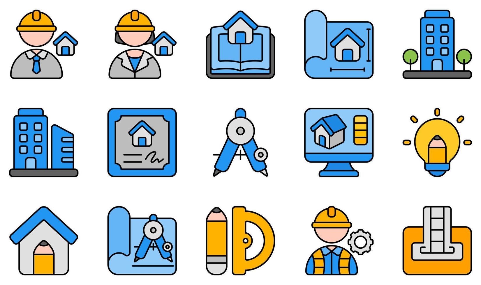 set van vector iconen met betrekking tot architectuur. bevat iconen als architect, architectuur, blauwdruk, gebouw, certificaat, creatief ontwerp en meer.