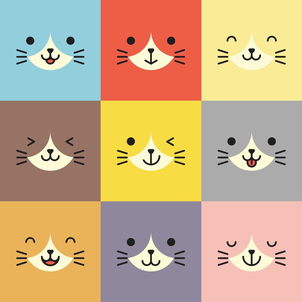 set van verschillende avatars van gezichtsuitdrukkingen van katten. schattige schattige baby dierlijke hoofd vectorillustratie. eenvoudig ontwerp van gelukkig lachend dierlijk beeldverhaal gezicht emoticon. afbeeldingen en kleurrijke achtergronden. vector