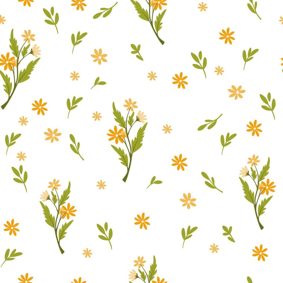 naadloze bloemmotief. botanische achtergrond met madeliefjes en wilde bloemen. perfect voor textiel, scrapbooking, kleding, behang en prints. vector cartoon illustratie