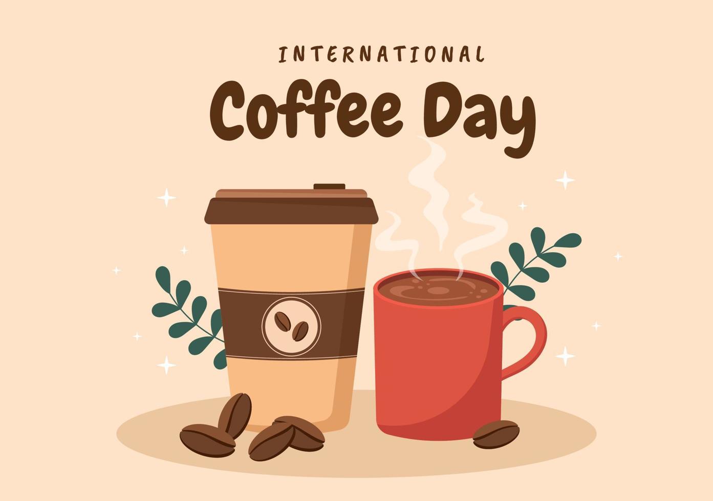 internationale koffiedag op 1 oktober handgetekende cartoon vlakke afbeelding met cacaobonen en een glas warme drank ontwerp vector