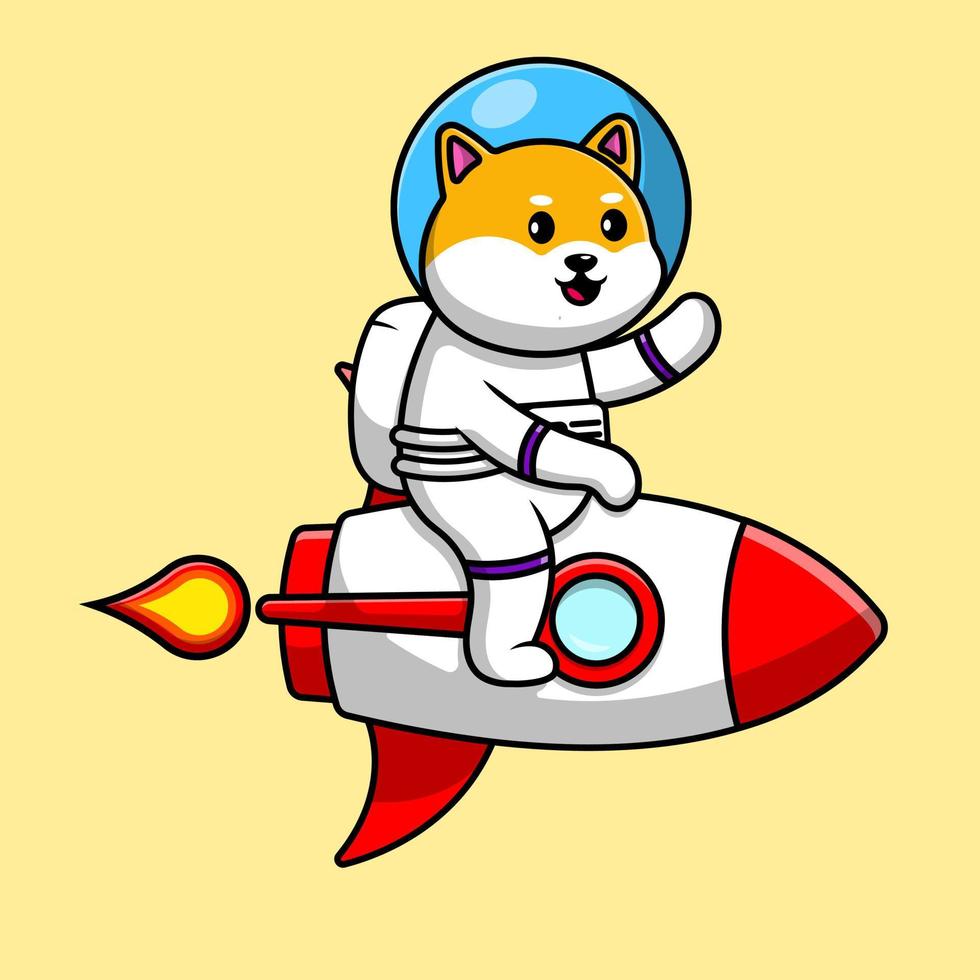 schattige shiba inu hond rijden raket en zwaaien hand cartoon vector pictogram illustratie. dier technologie plat cartoon concept