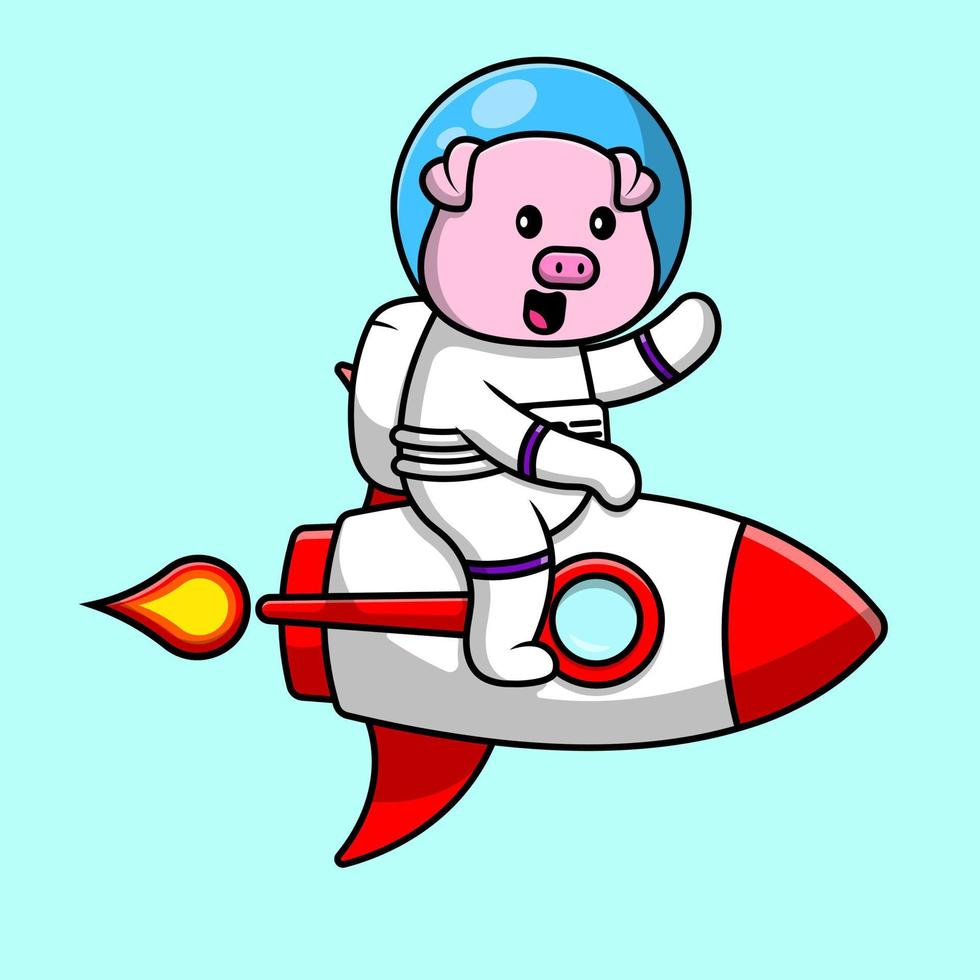 schattig varken rijden raket en zwaaien hand cartoon vector pictogram illustratie. dier technologie plat cartoon concept