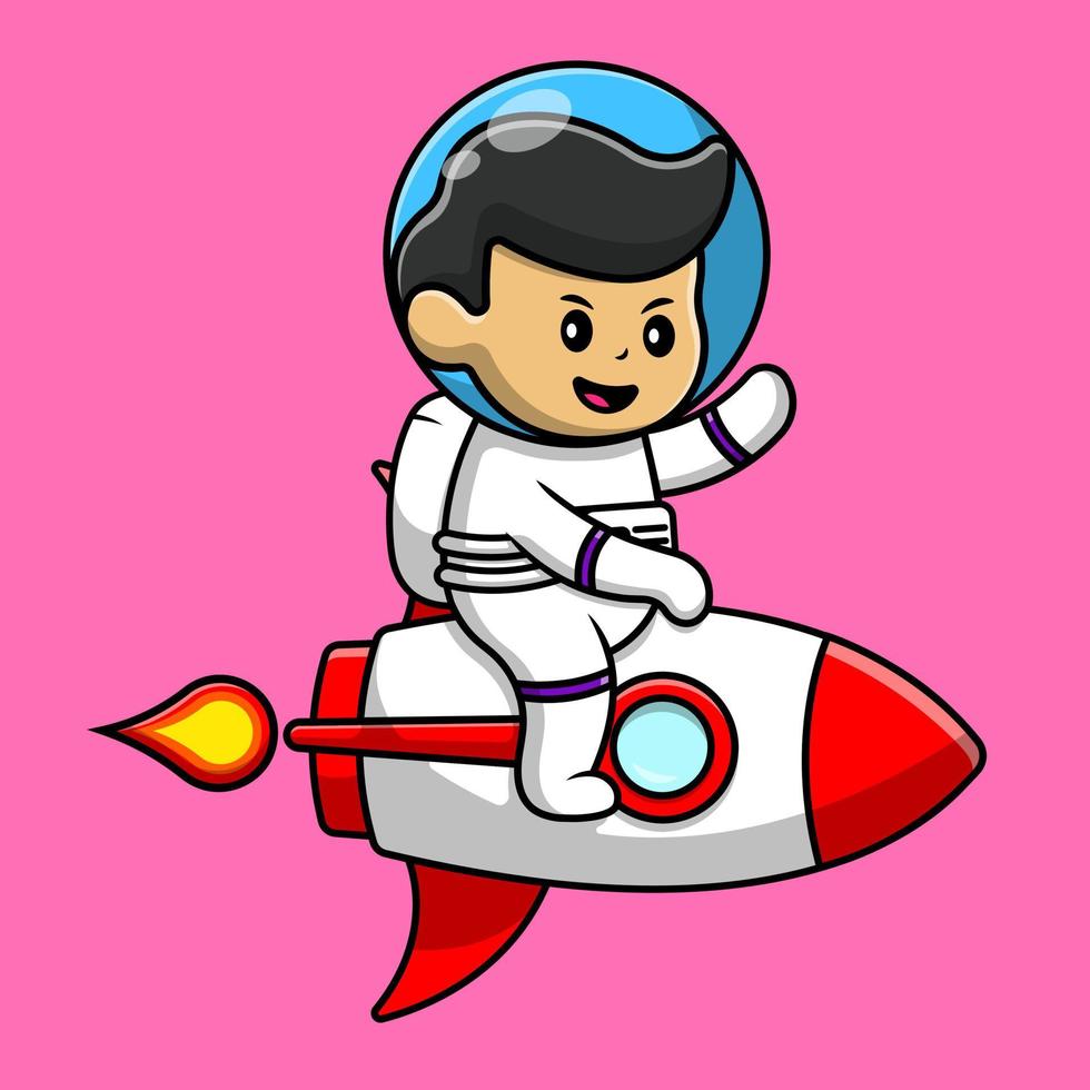 schattige jongen astronaut rijden raket en zwaaien hand cartoon vector pictogram illustratie. mensen technologie platte cartoon concept