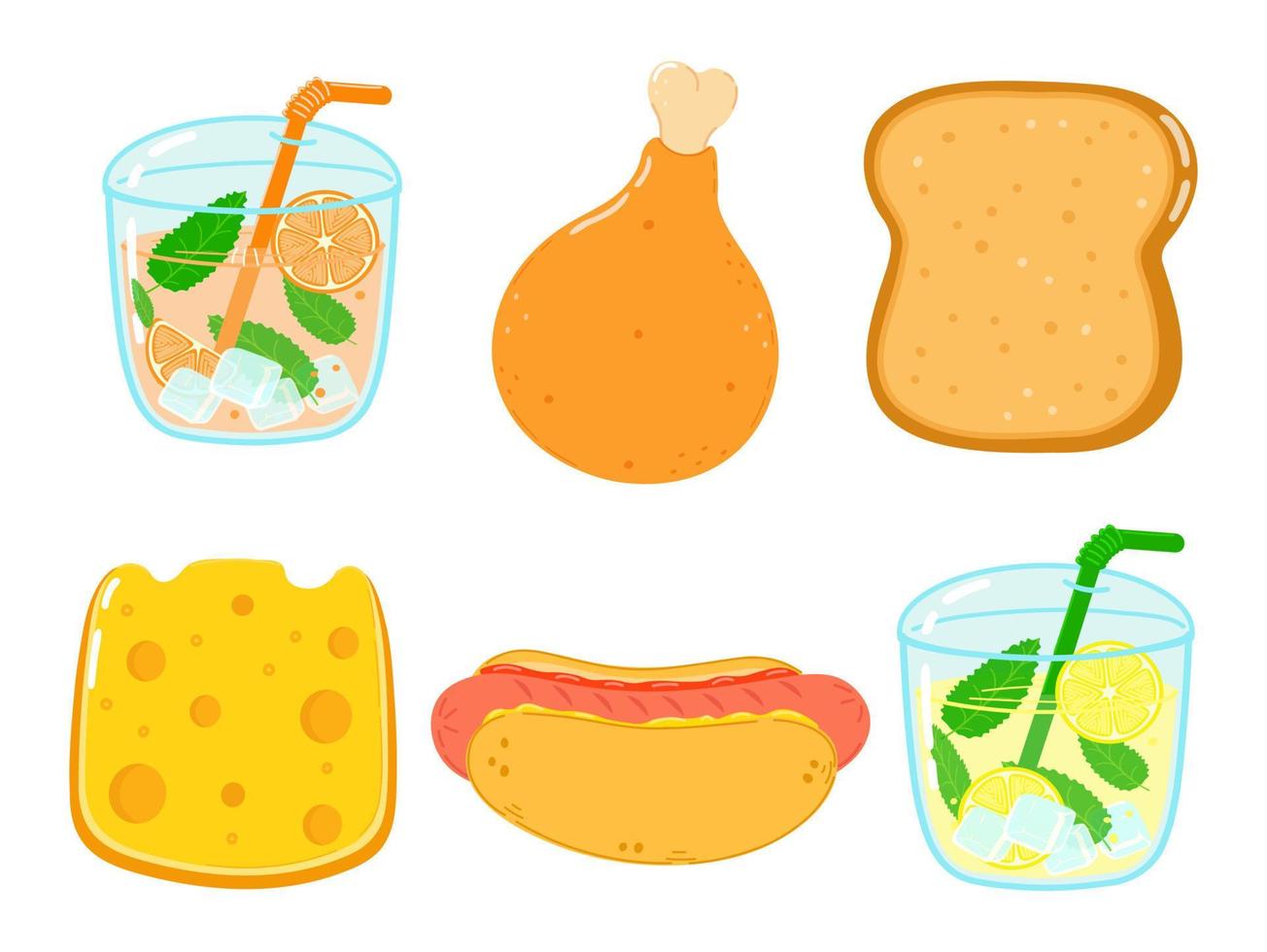 grappige gelukkig fastfood tekens instellen. vector hand getekend cartoon kawaii karakter illustratie. geïsoleerde witte achtergrond. schattige limonade, kippenpoot, kaas, toast, brood, hotdog, sap