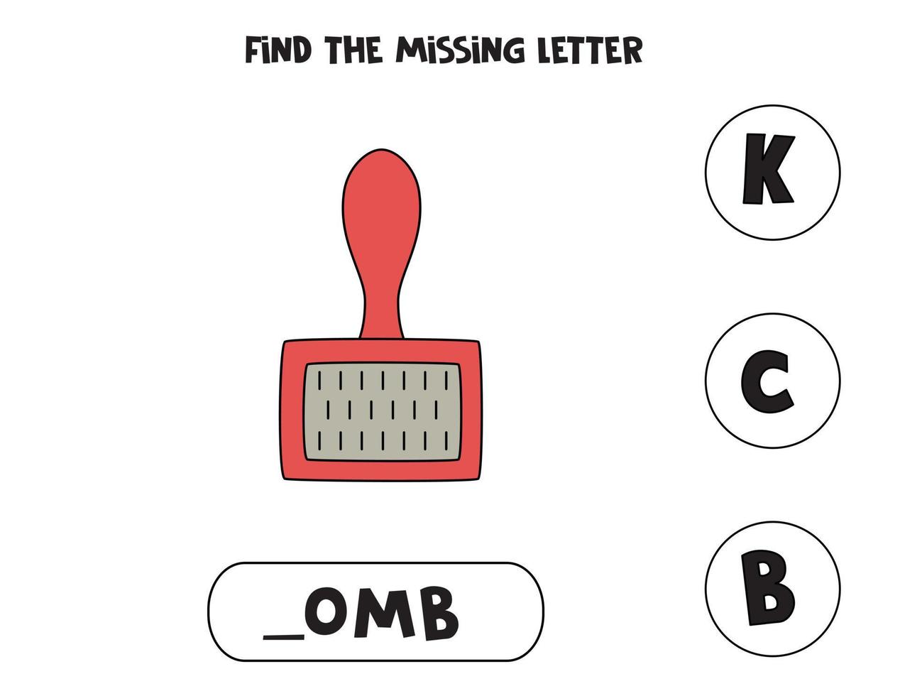 zoek ontbrekende letter met rode kam. werkblad spelling. vector