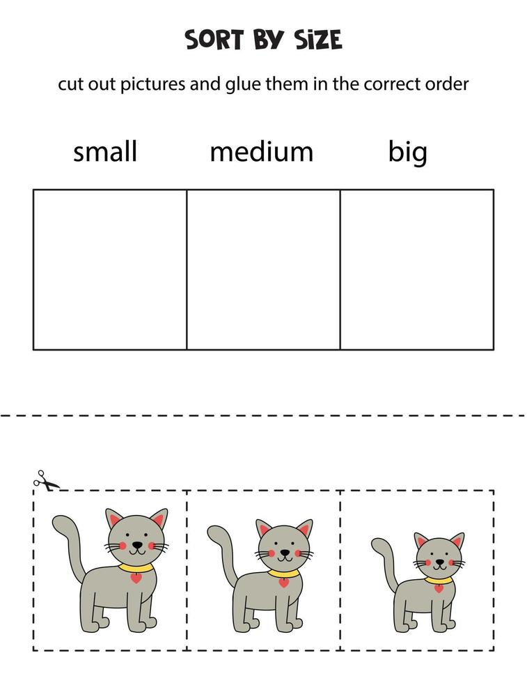 sorteer foto's op grootte. educatief werkblad voor kinderen. vector