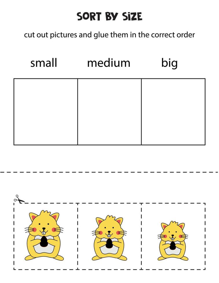 sorteer foto's op grootte. educatief werkblad voor kinderen. vector