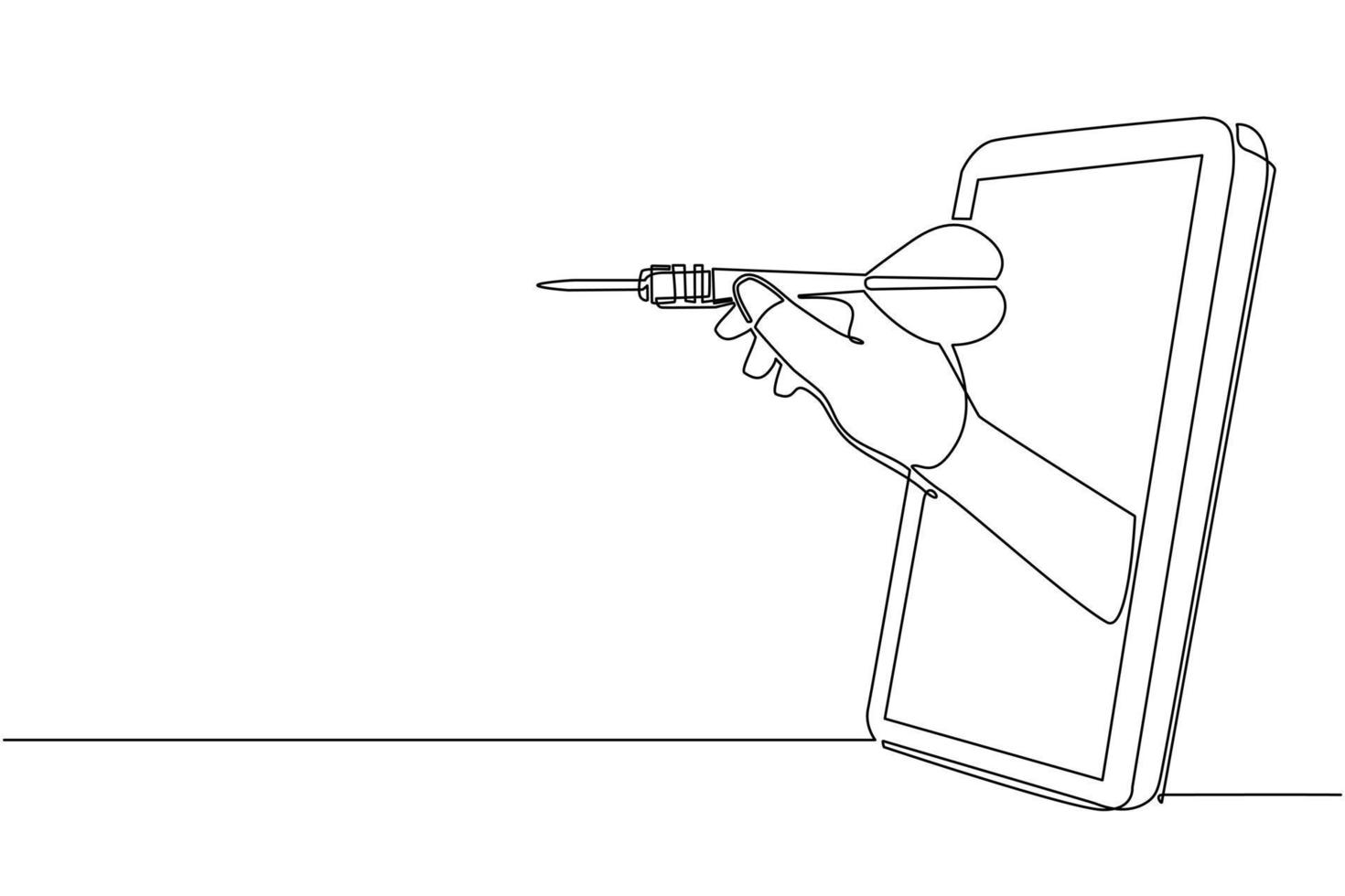 continue één lijntekening speler hand houdt dart gericht via mobiele telefoon. smartphone met app voor dartspellen. mobiel sportstreamkampioenschap. enkele lijn tekenen ontwerp vector grafische afbeelding