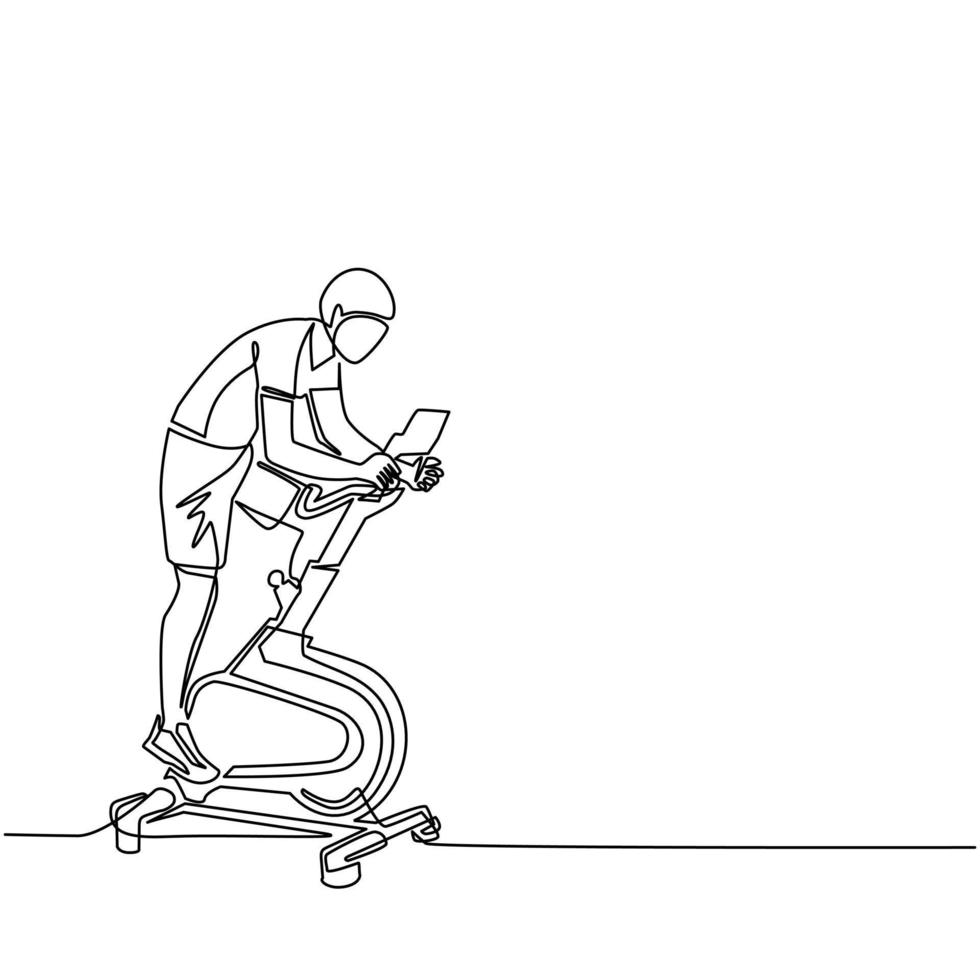 enkele een lijntekening man doet cardio. stilstaande fiets. draaiende oefening. jonge man doet routine-oefeningen thuis met behulp van statische fiets. moderne doorlopende lijn tekenen ontwerp grafische vectorillustratie vector