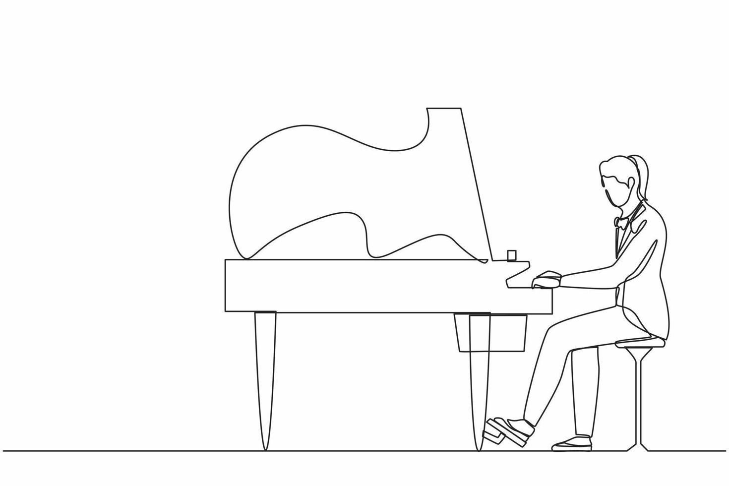 enkele een lijntekening vrouw speelt piano. vrouwelijke artiest zit op muziekinstrument en speelt jazz of blues. professionele muzikant. persoon presteert op het podium. doorlopende lijn ontwerp grafische vector